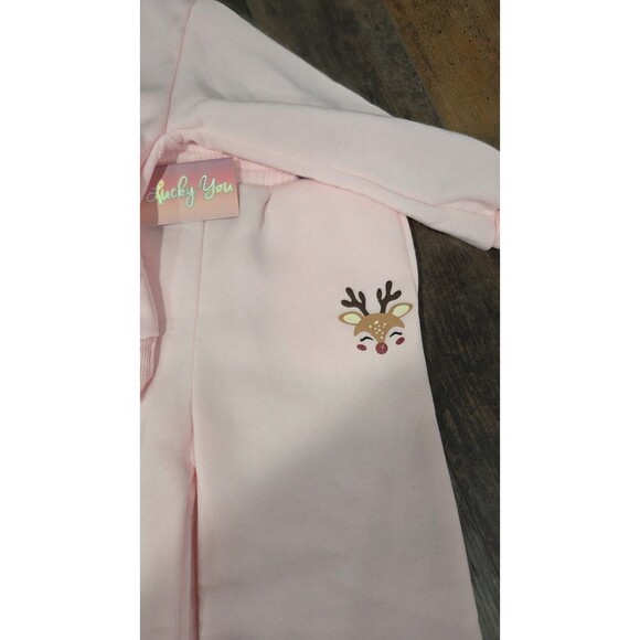 Lucky You Reindeer Holiday Pink Sweatsuit 2 Piece Set –Girls Size Small 7/8 B10 - Picture 4 of 5